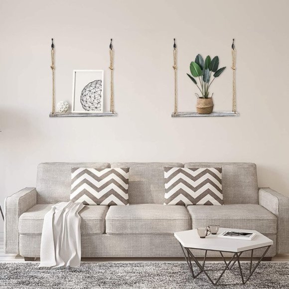 Rustic Rope Wood Hang Floating Shelf 4 Hooks - Picture 5 of 7